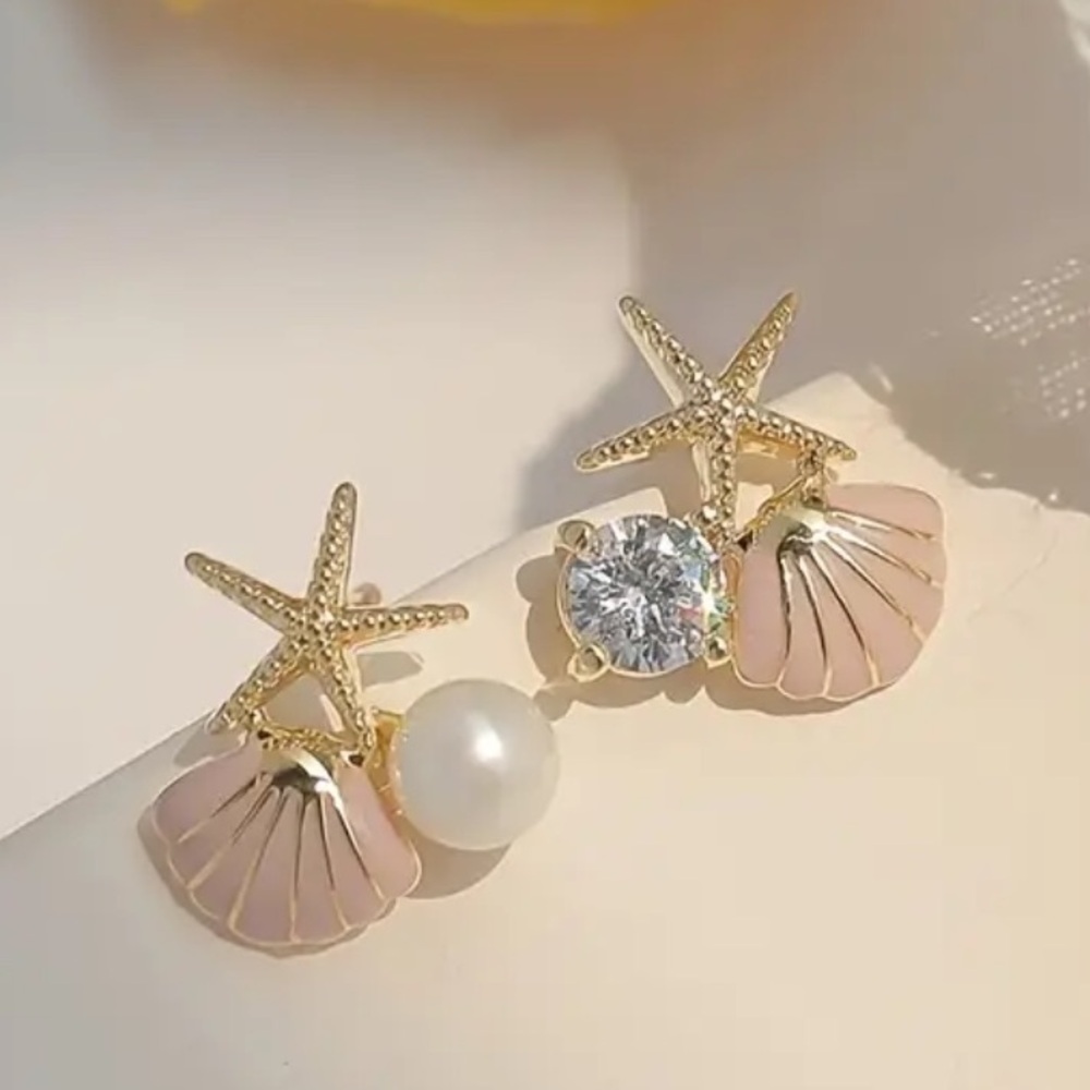 High-end Luxurious  Starfish & Shell Earrings Faux Crystal Embellishment-
